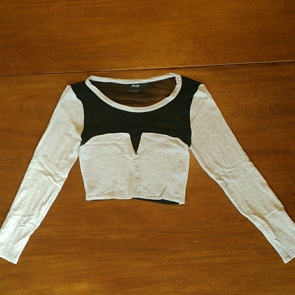 Black mesh, gray body Crop Top w/ Long Sleeves